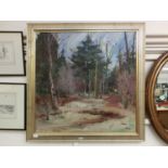 A large framed oil on board of a wooded scene signed Jeff McDonald