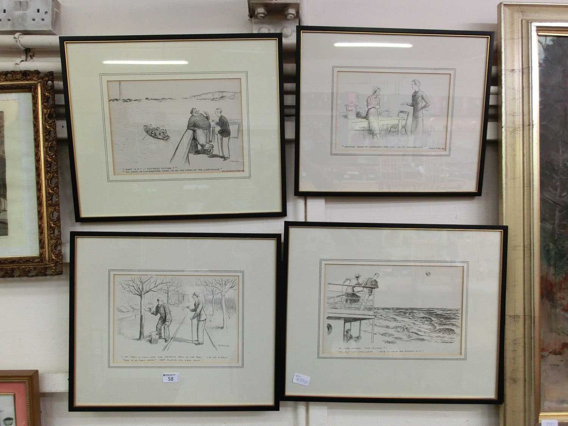 A set of four framed and glazed prints of etchings after A T Smith with comical satings