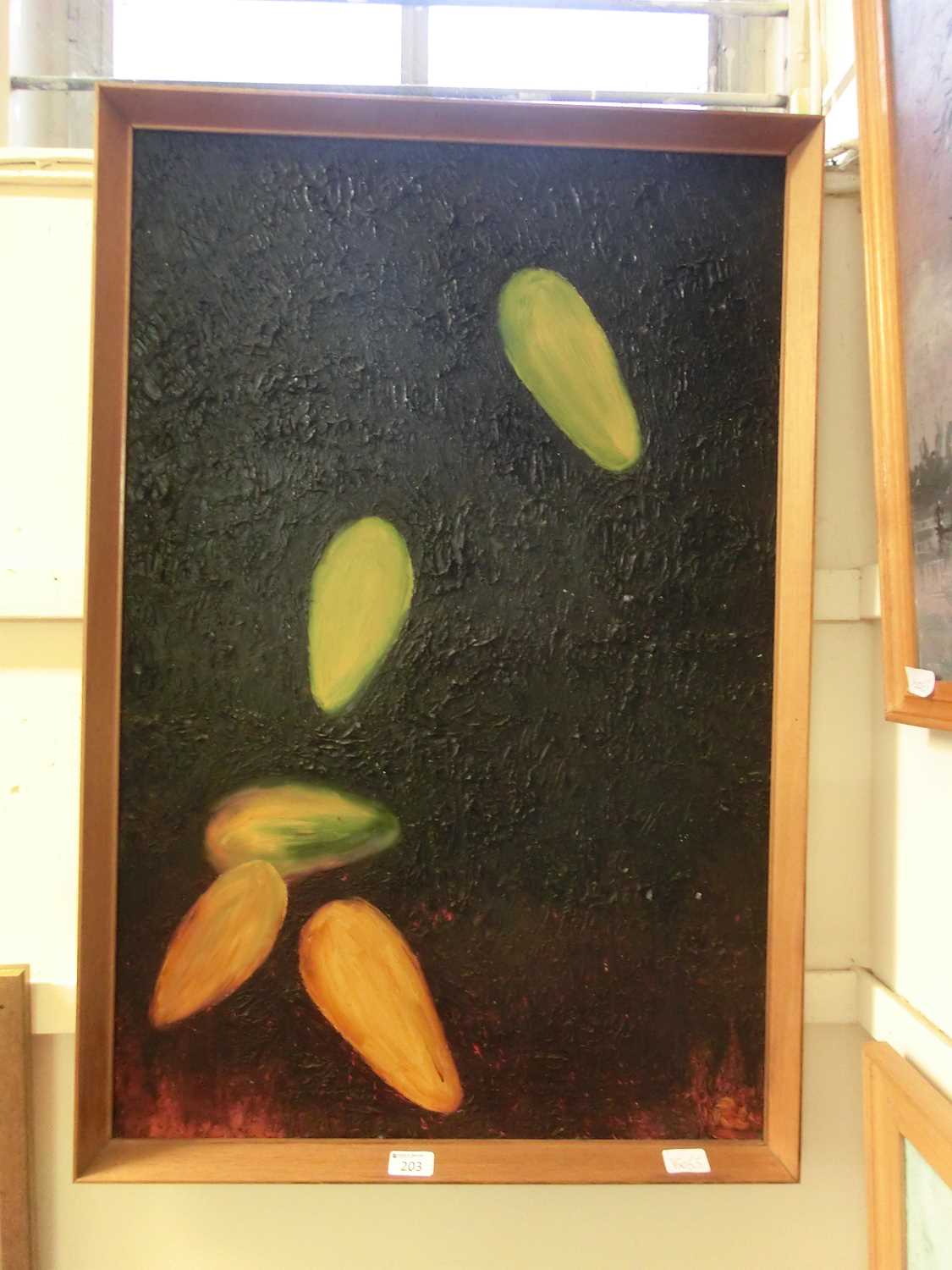 A mid-20th century framed abstract on board of falling fruit