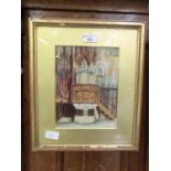 A framed and glazed watercolour of church interior scene signed J.Skell