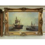 An ornate gilt framed oleograph of galleons