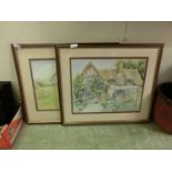 A pair of framed and glazed watercolours of cottage garden scenes