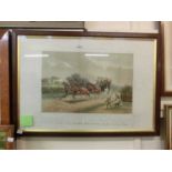 An early 20th century framed and glazed coloured print titled 'Coach Against Time'