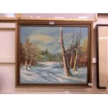 A modern framed oil on canvas of a snowy wooded scene