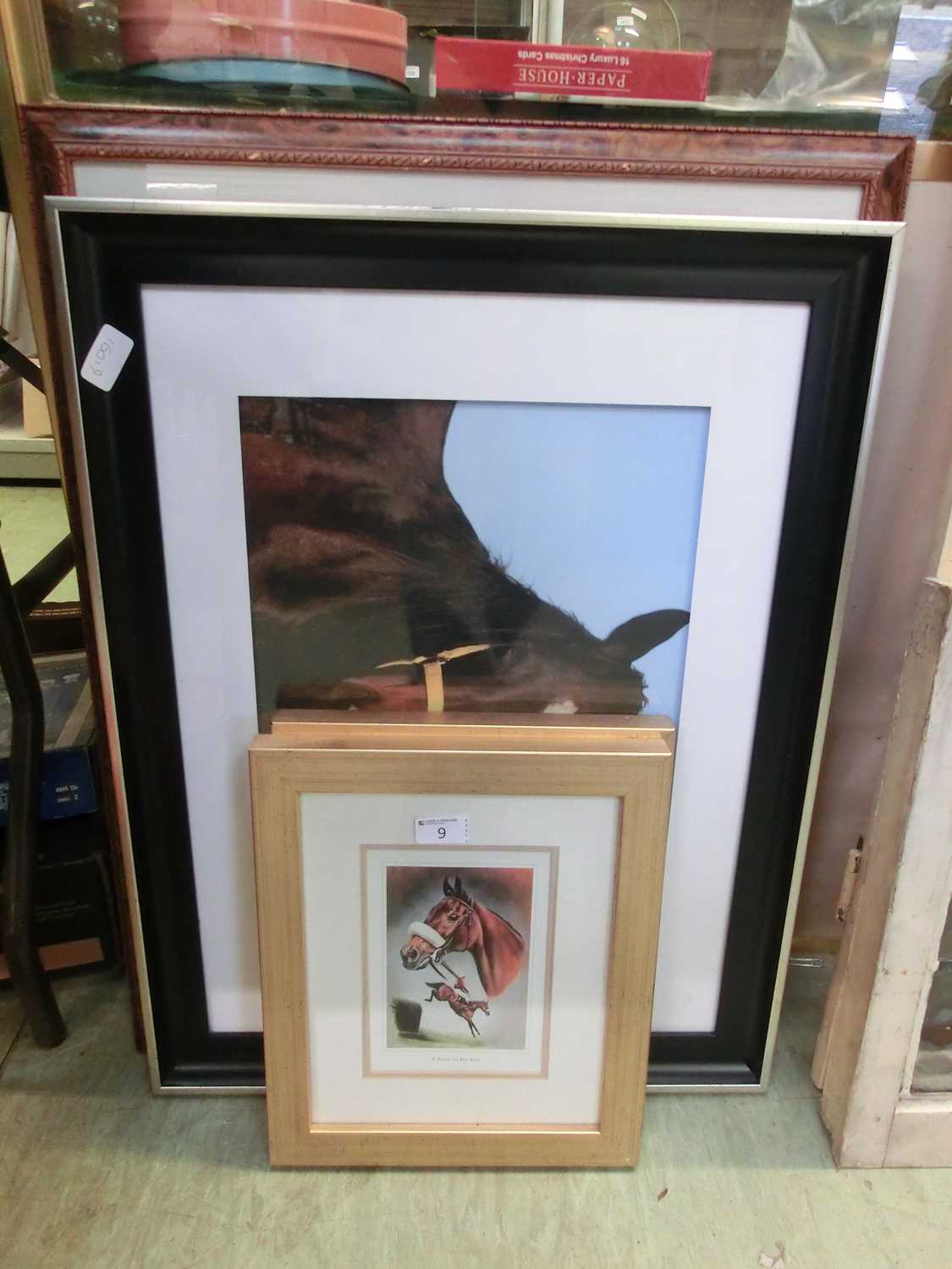 Three framed and glazed prints and one pastel drawing of horses