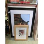 Three framed and glazed prints and one pastel drawing of horses