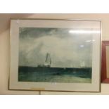 A framed and glazed print of sailing vessels after Turner