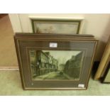 A set of five framed and glazed prints of town scenes after Kevin Platt along with an oil on