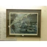 A framed and glazed Cuneo print of steam locomotives with blind stamp