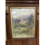 An oak framed and glazed watercolour of church scene