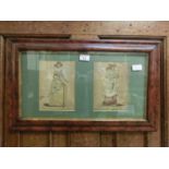 A 19th century glazed display of two silk pictures titled 'Lady Mayoress' and 'Merchant's Wife'