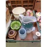 Two trays containing two jardinieres, large water jug, tea pot etc.