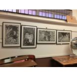 A set of four framed and glazed prints by Marjorie Chadwick Harris of owls, badgers, hares, and