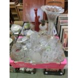 Two trays of glassware to include large vases, oil lamp, drinking vessels, water jug etc.