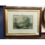 A framed and glazed watercolour of country scene having people fishing signed bottom left I Morris