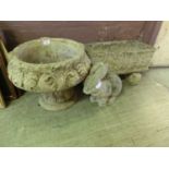 A circular stoneware planter together with a rectangular stoneware planter and a stoneware rabbit