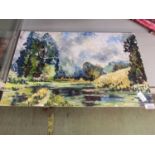 An oil on board of river wooded scene