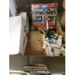 A box containing die cast planes, trucks, etc, some boxed