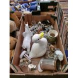 A tray containing ceramic elephant, Spanish figurines, collie dogs, etc