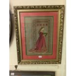 A modern ornate gilt framed and glazed embroidery of a young lady in red dress