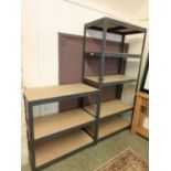 A modern metalwork five tier shelving unit together with a three tier matching shelving unit