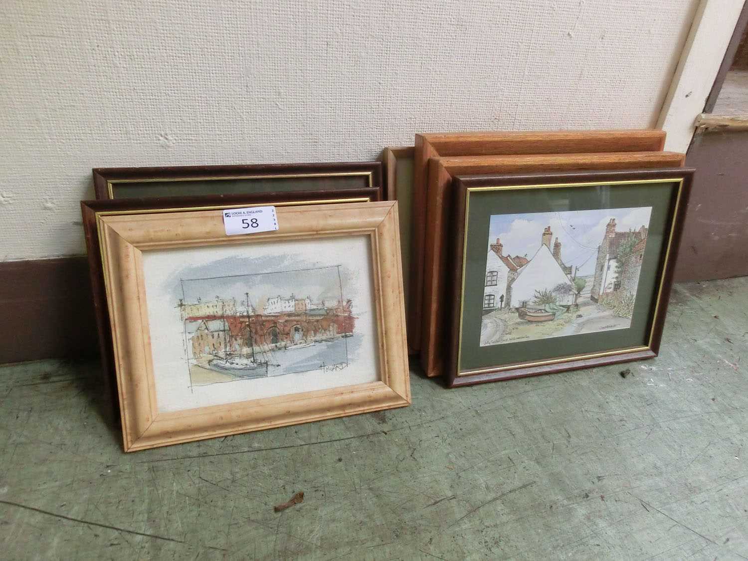 A selection of seven framed and glazed prints of buildings and harbour scenes