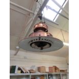 An early 20th century brass and white enammelled gas lamp, converted to electric having the