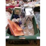 A tray containing decanters, bowls, Wade whimsies, etc