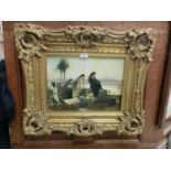 An ornate gilt framed oleograph of eastern scene having ladies looking over the sea