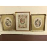 A pair of framed and glazed coloured etchings of young ladies together with a cherub design print