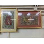 Two framed and glazed miniature silk carpets