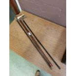 Three walking sticks with horn handles, one with silver collar