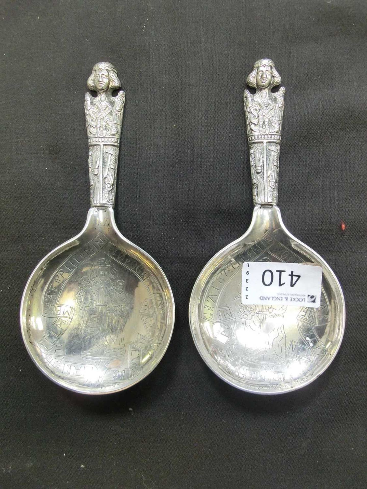 Two Danish white metal hallmarked engraved spoons, approx, weight 149g