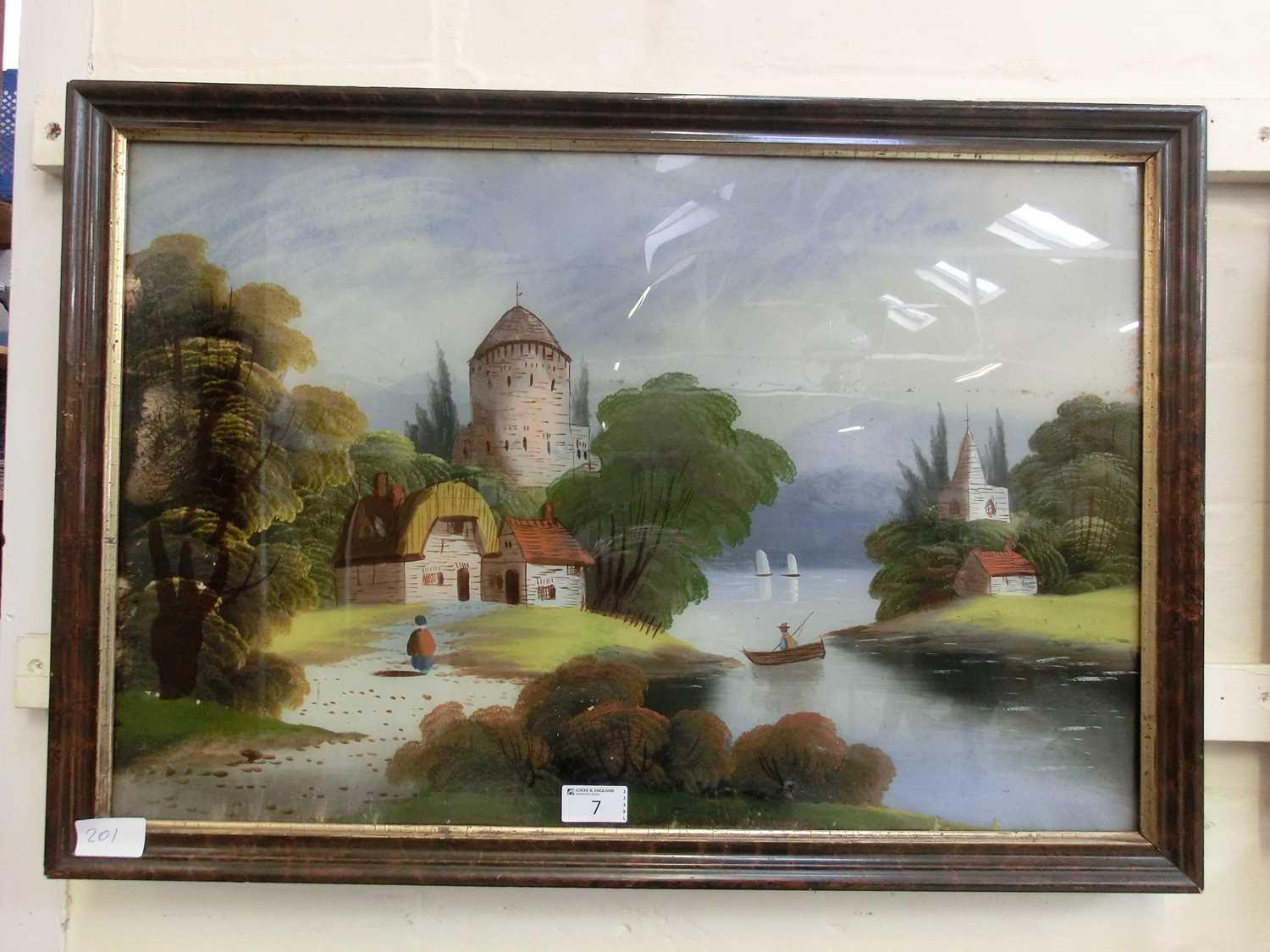 A 19th century verre églomisé painting of river scene