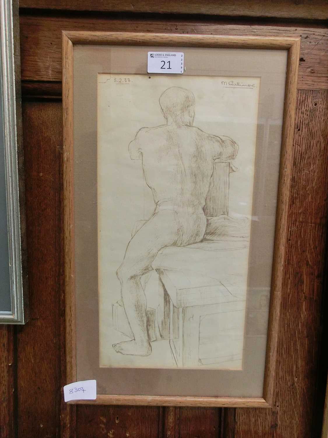 A framed and glazed possible pen drawing of nude man, dated 3/2/'33 signed M Gallimore