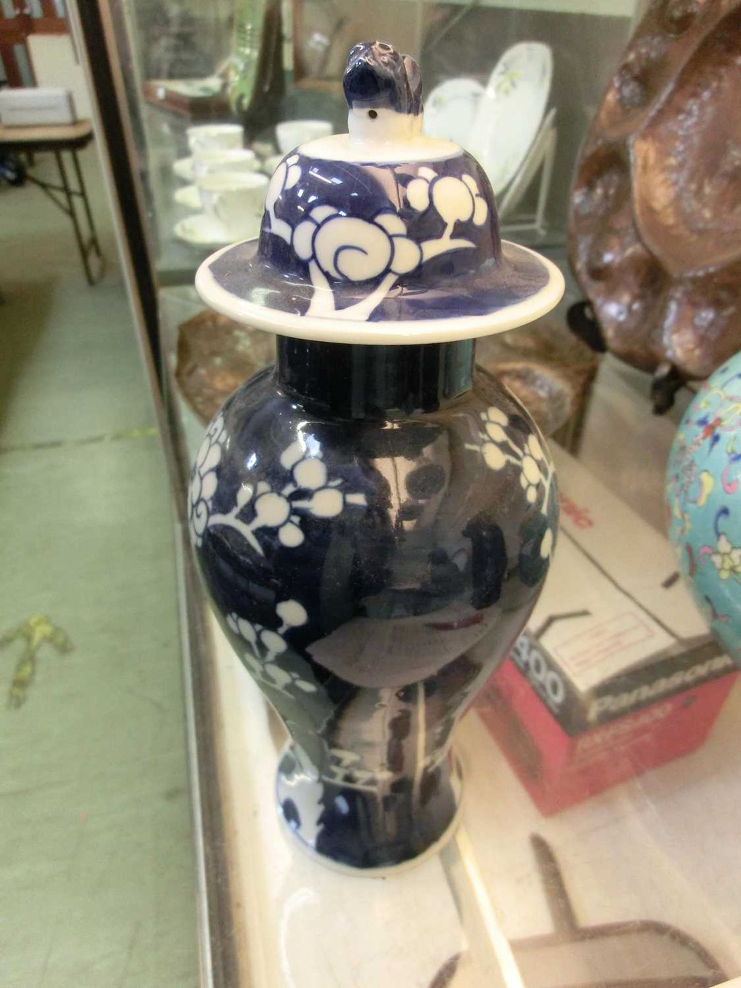 Three blue and white oriental style vases along with a similar ginger jarSmall chip to rim of one - Image 2 of 10