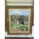 A gilt framed and glazed 19th century print of military horseman rescuing young child