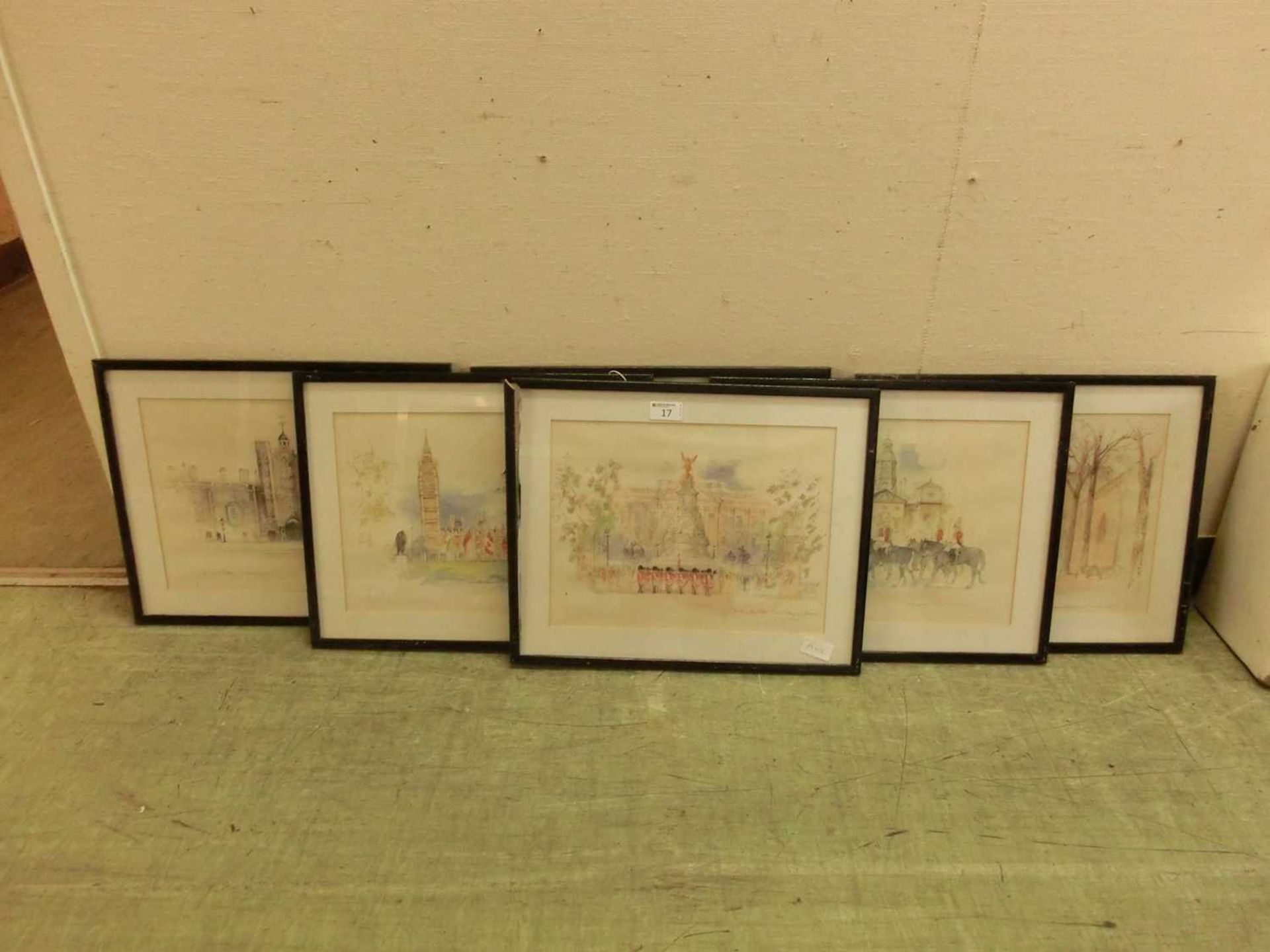 A set of six framed and glazed prints of London buildings to include Parliament Square, Buckingham