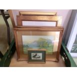 A box containing Cash's silk prints of countryside, Japanese teacup, oil painting, etc