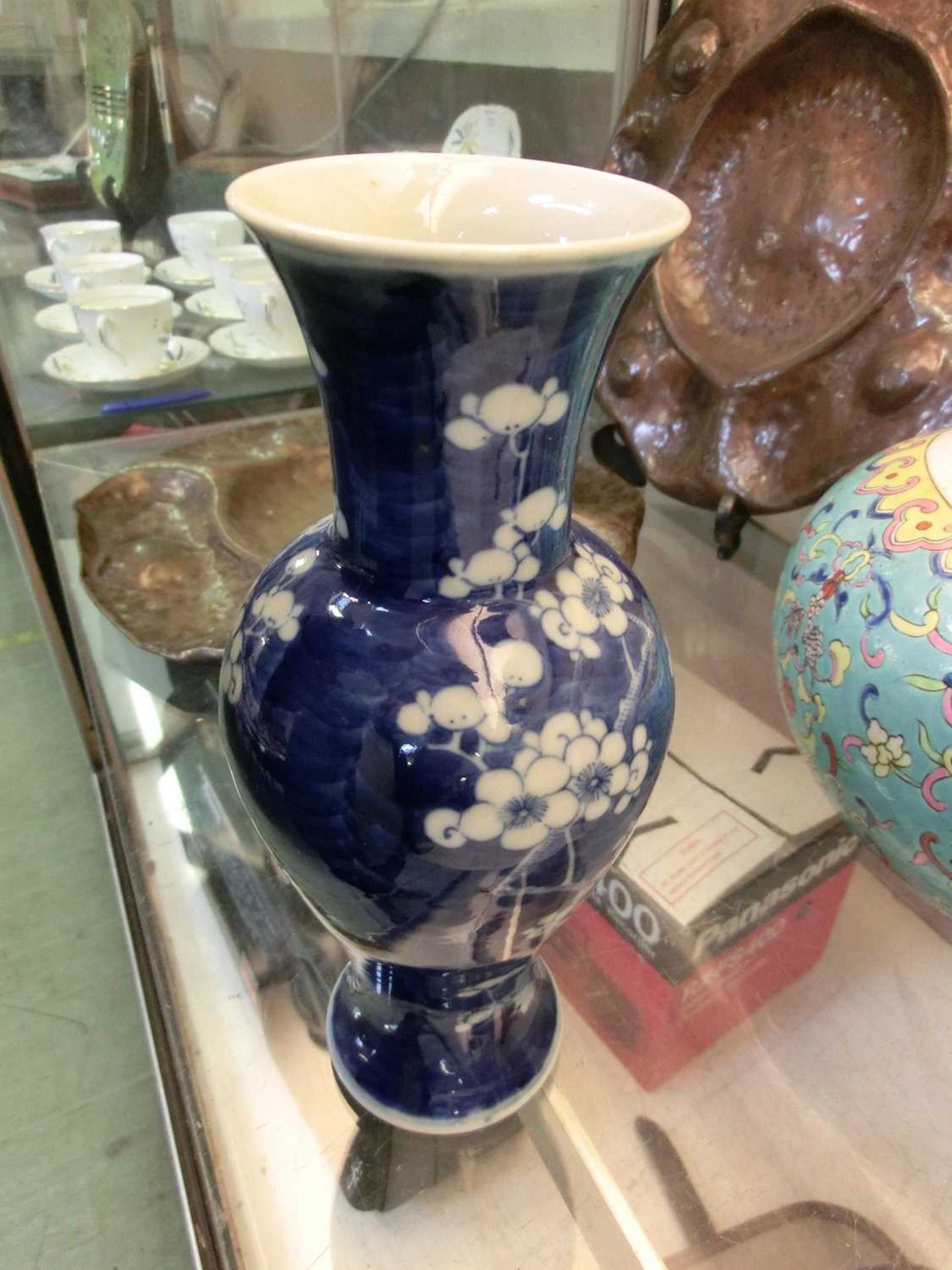 Three blue and white oriental style vases along with a similar ginger jarSmall chip to rim of one - Image 9 of 10