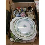 A tray containing ceramic plates, collectors plates, Wedgwood jasperware etc.Three Jasperware items.