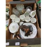 A tray containing brassware, ceramic tableware, figurines etc.