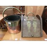 A coal scuttle with brass furniture together with a brass effect coal box