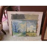 Four unframed paintings of countryside and castle scenes, two signed Lines