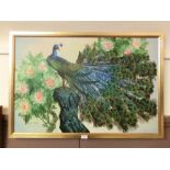 A framed oil on canvas of peacock by flowers signed Choi