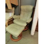 An Ekornes/Stressless reclining chair with matching footstool upholstered in a cream leatherette