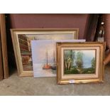 Three oil paintings to include sailing vessel, street scene, countryside, etc