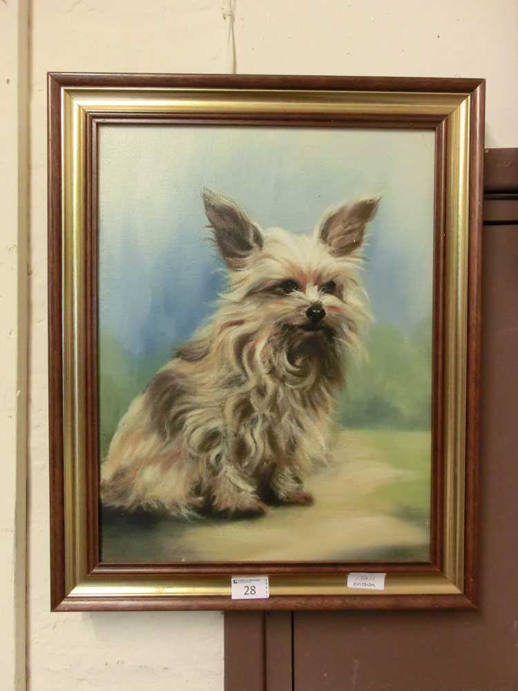 A framed oil on canvas of dog