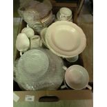 A tray of ceramic tableware to include plates, bowls, cups, saucers etc.