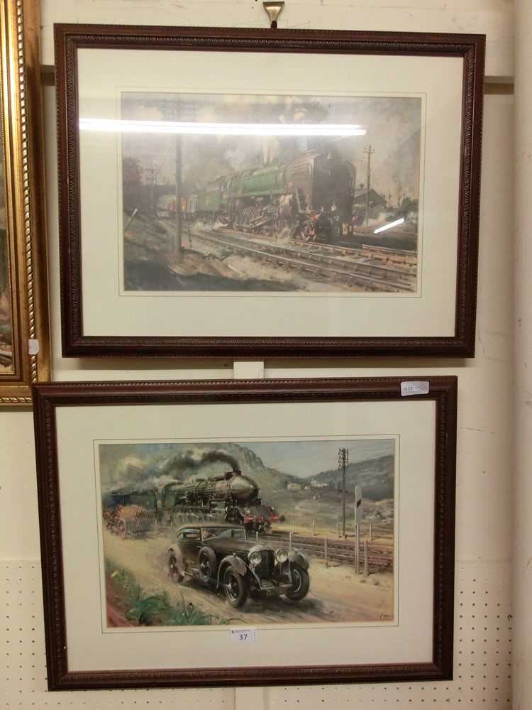 A pair of Terrence Cuneo steam locomotive and motor car prints